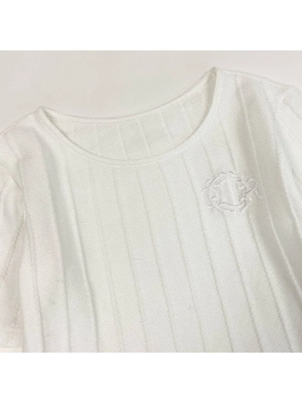 Dior Short Sleeve Knit Summer Sweater Emblem Embroidery White Cotton M